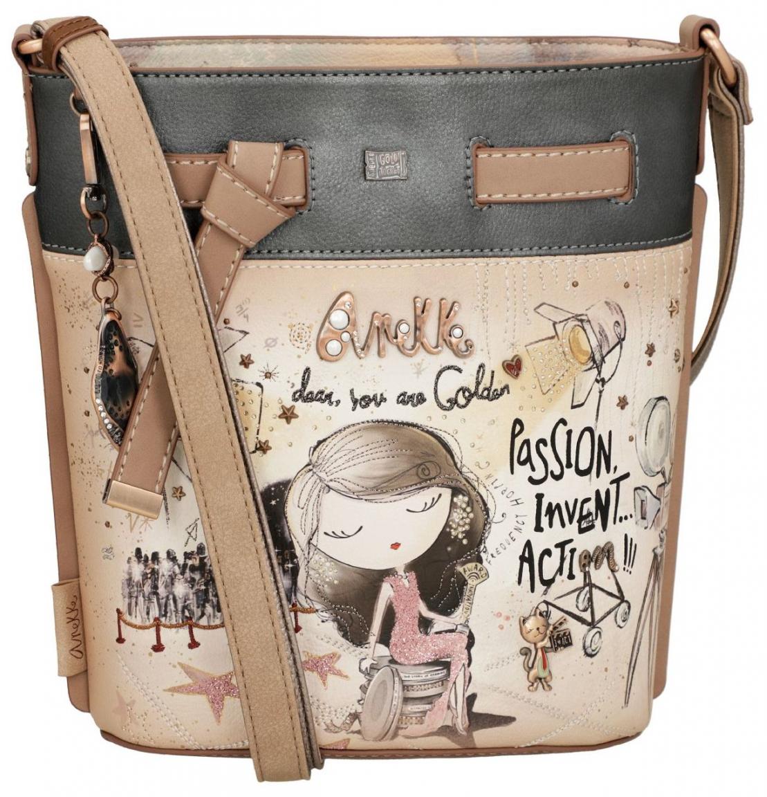 Anekke Beuteltasche Hollywood Sterne Glitzersteine beige metallic
