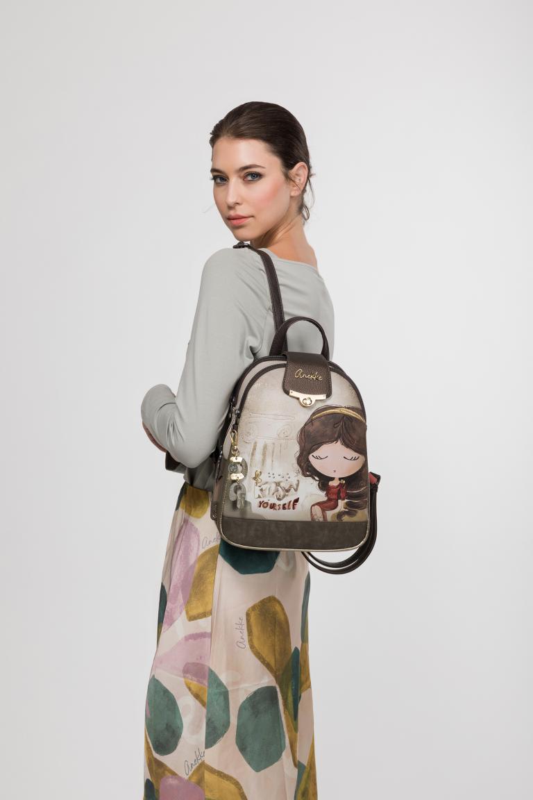 Anekke femininer Damenrucksack beige Glanzgarn Muse dunkelbraun Griechenland