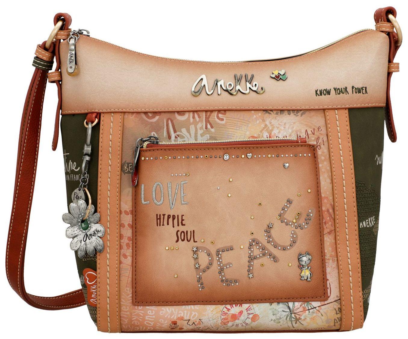 Beuteltasche Hippie Anekke Peace & Love Flowers Nieten beige braun