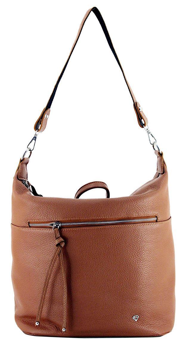 Caleidos Taschenrucksack Cuoio Cognacbraun genarbtes Leder Hobo Markenemblem