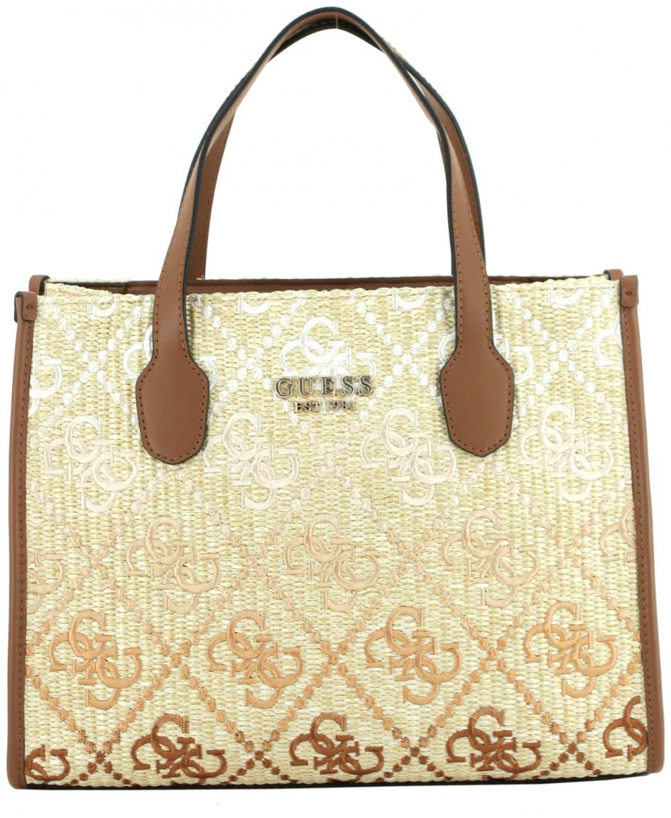 Guess Silvana Cognac Logo Kurzgrifftasche bestickt Bastgeflecht braun