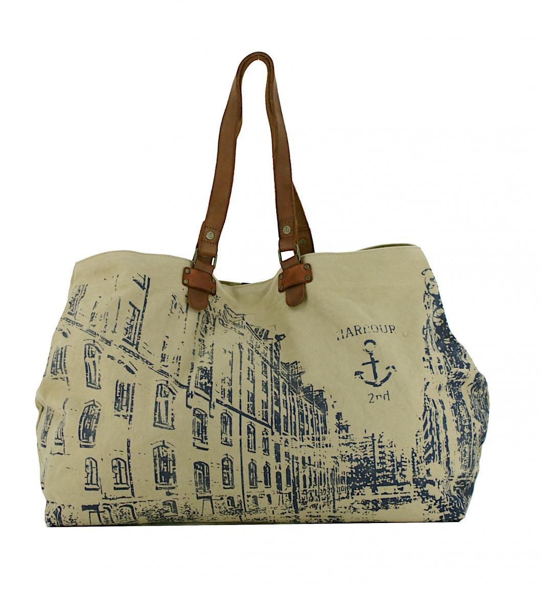 Henkeltasche Großformat beige grün Harbour2nd Goldbek Canvas green Leder