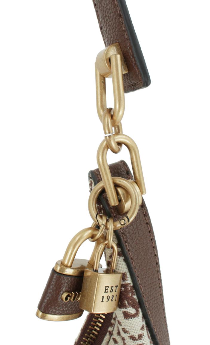 Hobotasche Guess Shemara Navy Logo Baumwollstoff Webmuster dunkelblau beige