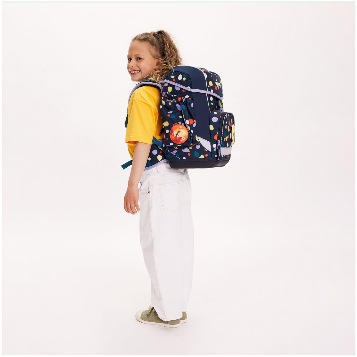Schulranzenset dunkelblau bunte Punkte Einhörner Ergobag Cubo Bärnsteinhöhle