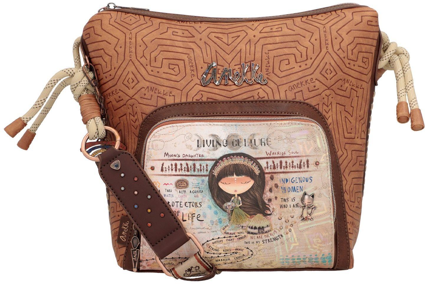 Schultertasche Anekke Menire Braun mit Print Materialprägung Kordel