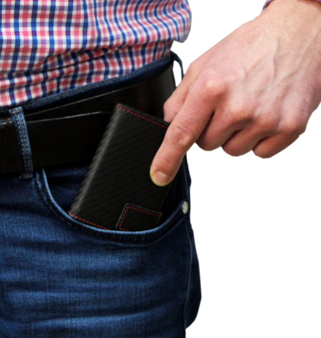 SecWal Cardprotector Carbon schwarz mit roter Naht RFID Schutz