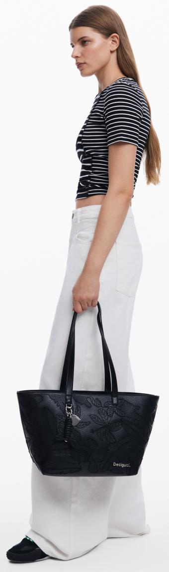 Shoppertasche Cahuil schwarz Blätter Desigual Jolie geräumig Stickerrei