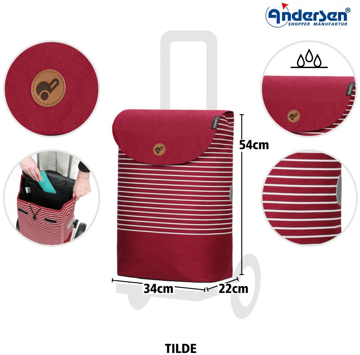 Tilde Rot gestreifte Einkaufstasche mit Andersen Transportroller Scala Shopper Plus