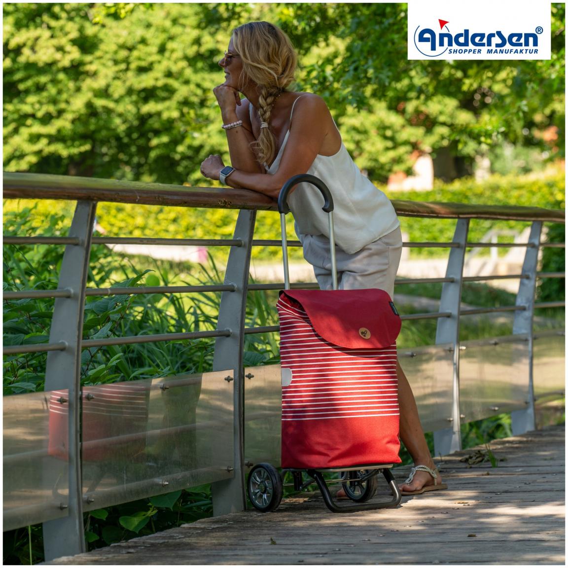 Tilde Rot gestreifte Einkaufstasche mit Andersen Transportroller Scala Shopper Plus