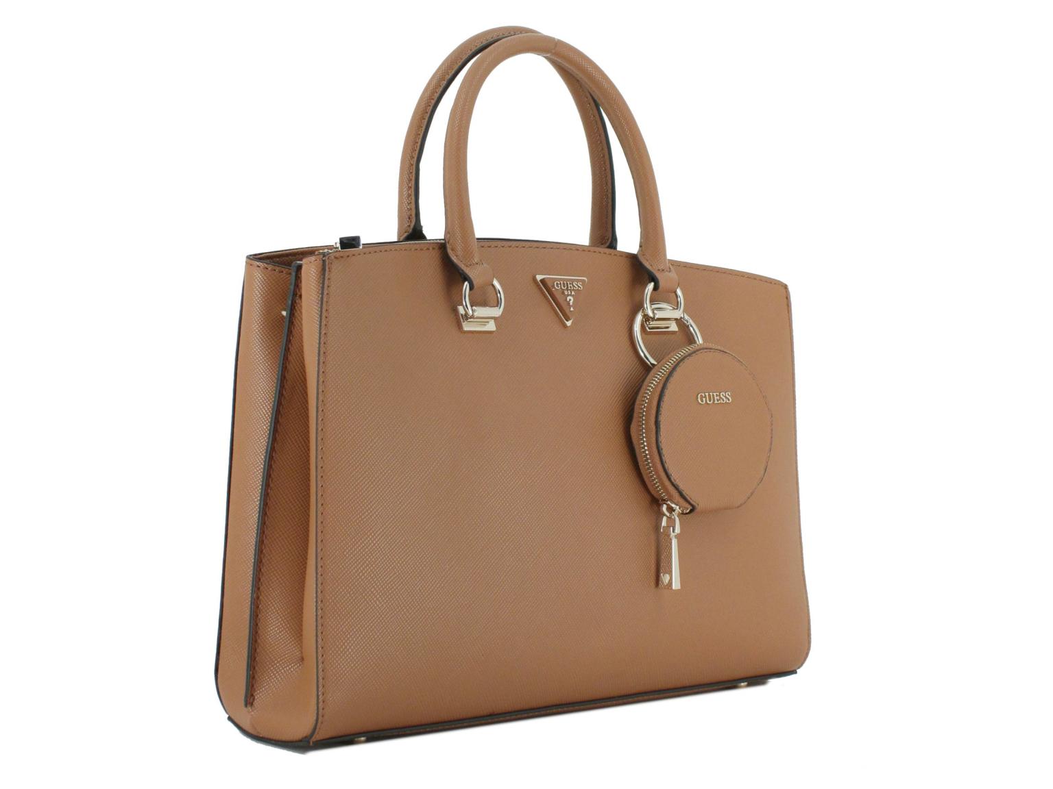 Trendsetter Light Cognac Braun Guess Alexie Henkeltasche Laptop Markenanhänger rund