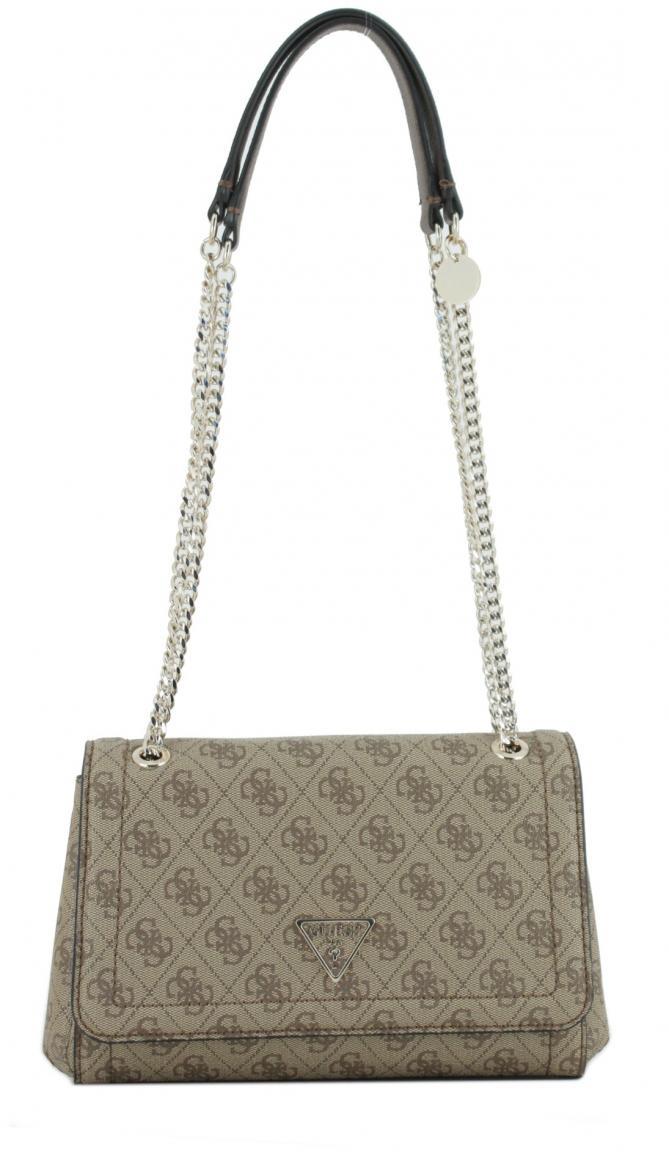 Überschlagtasche hellbeige Logoprint Guess Noelle Bone Logo Metallkette