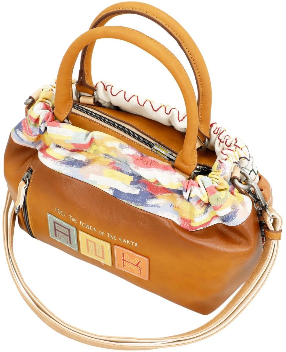 ausgefallene Kurzgrifftasche Drawstring bunte Stickerei braun Anekke Menire Magic Souls