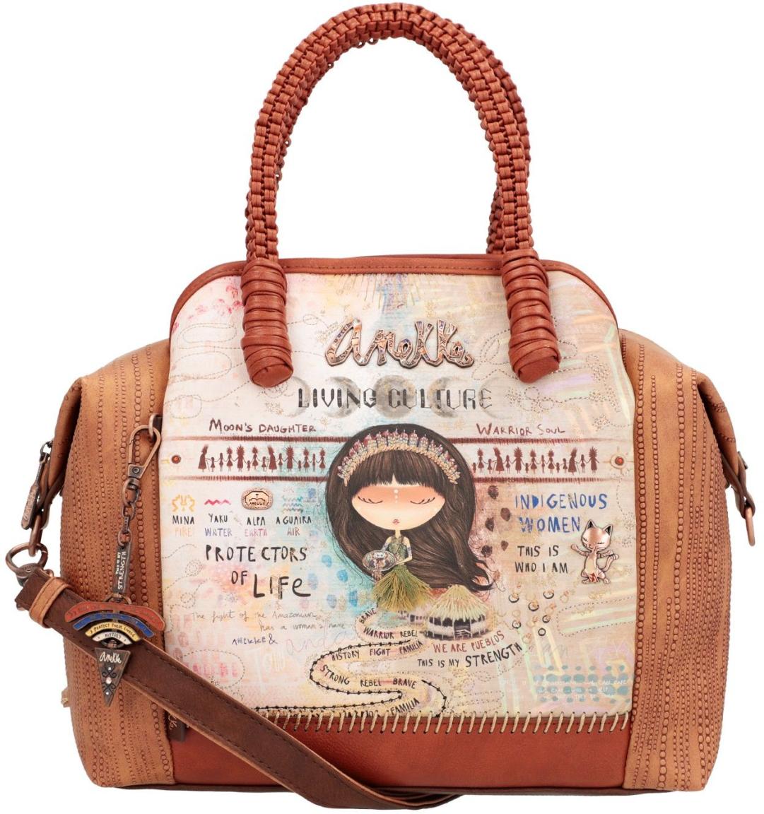 außergewöhnliche Kurzgrifftasche Flechthenkel Anekke Menire bunt braun Print