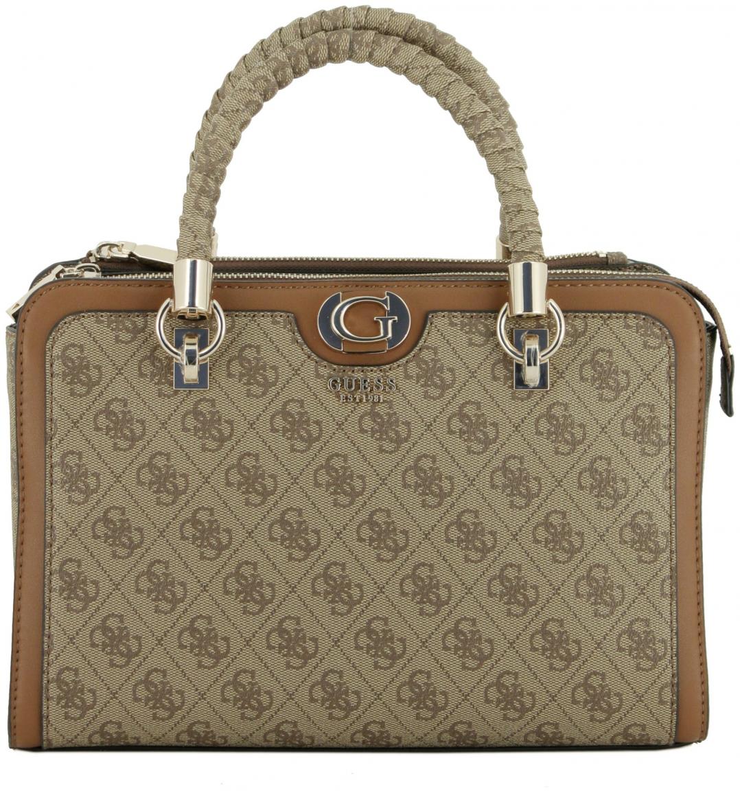 elegante Kurzgrifftasche Guess Orlina Logo Society Satchel Coal 4G-Print