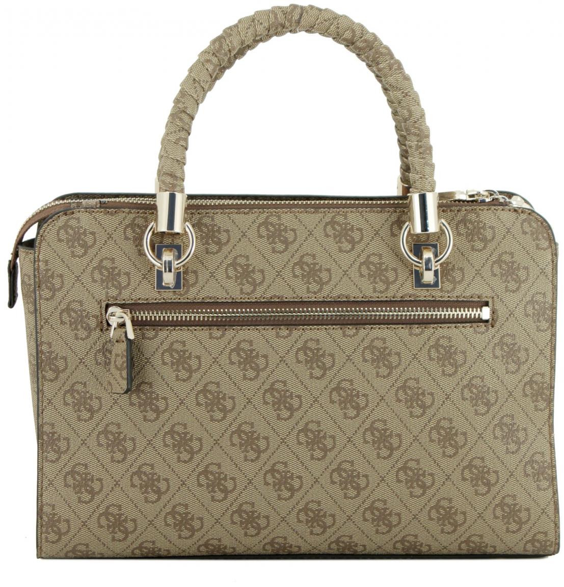 elegante Kurzgrifftasche Guess Orlina Logo Society Satchel Coal 4G-Print