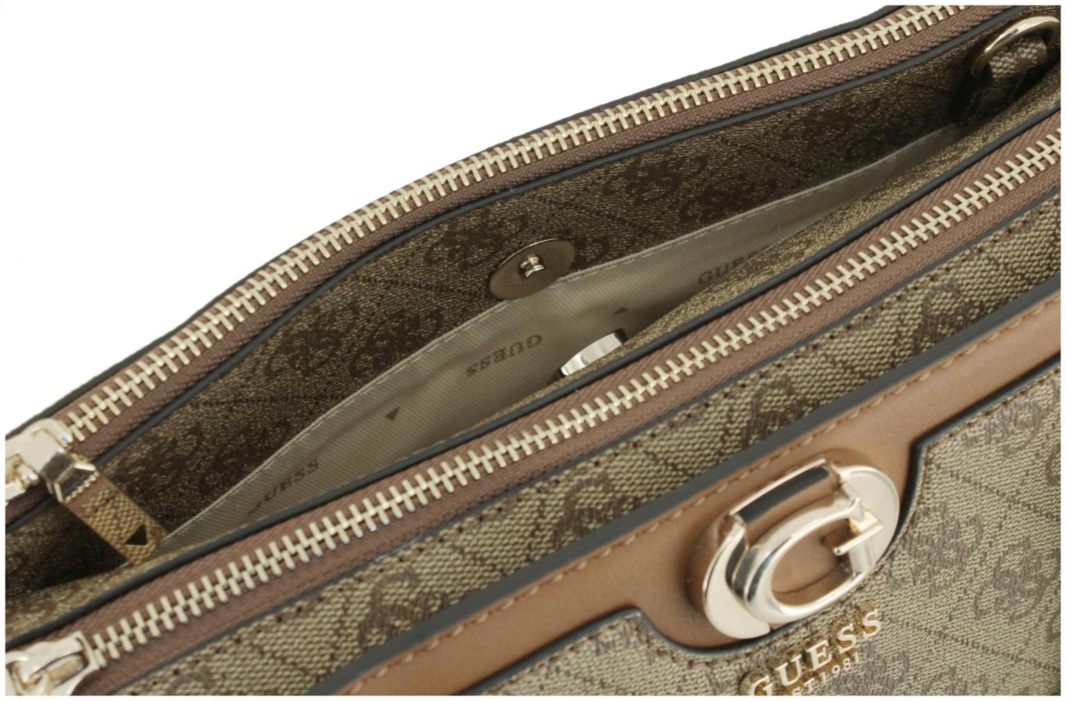 elegante Kurzgrifftasche Guess Orlina Logo Society Satchel Coal 4G-Print