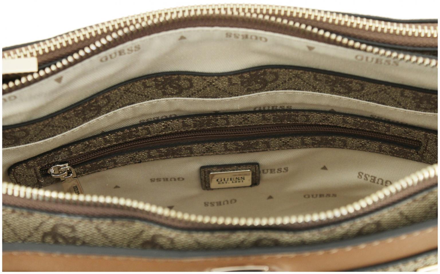 elegante Kurzgrifftasche Guess Orlina Logo Society Satchel Coal 4G-Print