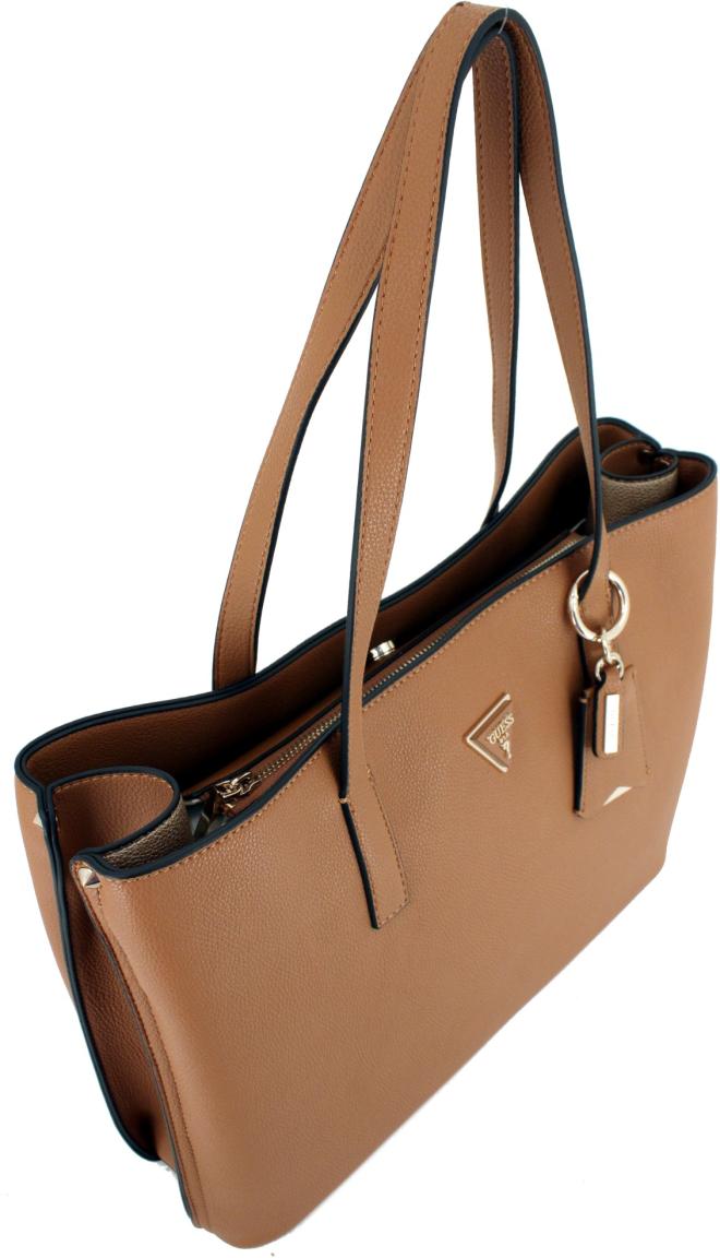 geräumige Damenhandtasche Guess Meridian Cognac braun Anhänger