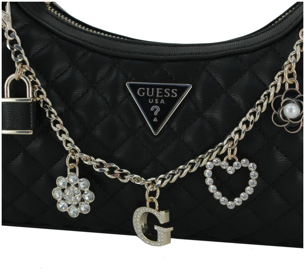 gesteppte Hobotasche Metallkette Glitzer Guess Everlee Top Zip Shoulder Bag schwarz
