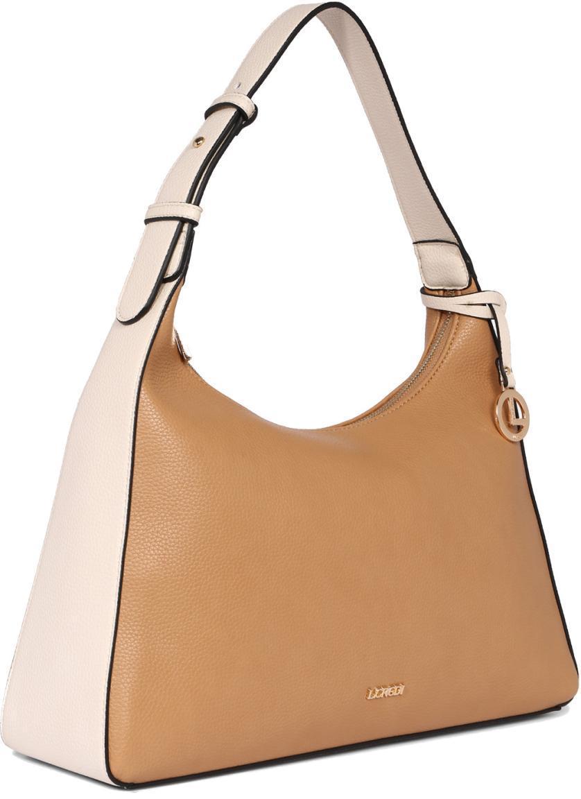 zweifärbige Damen Schultertasche L.Credi Munich Ilma Hobobag Nature Camelbraun Beige