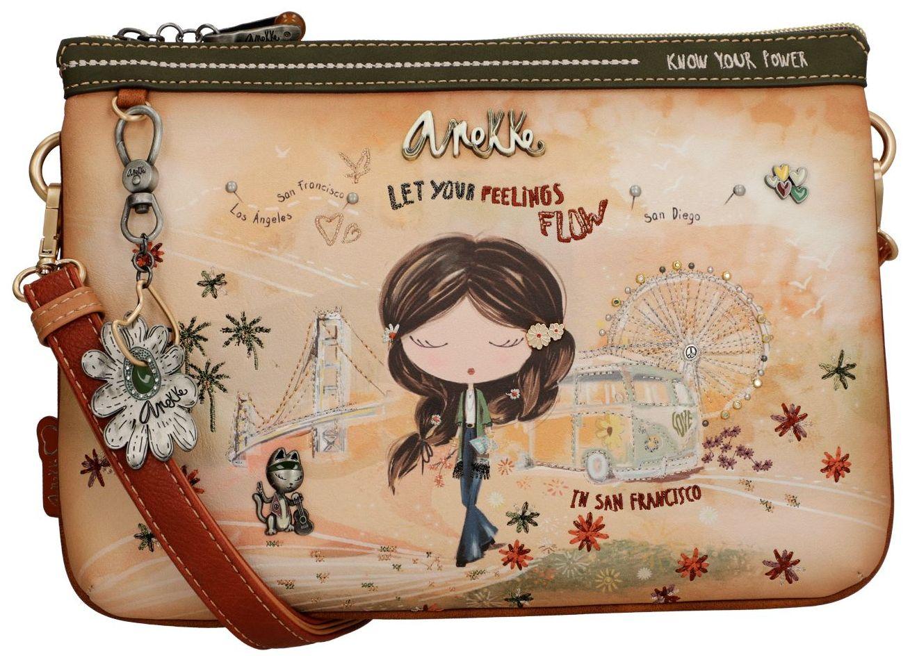 zweigeteilte Umhängetasche Anekke Peace & Love Camel San Francisco Hippie bestickt